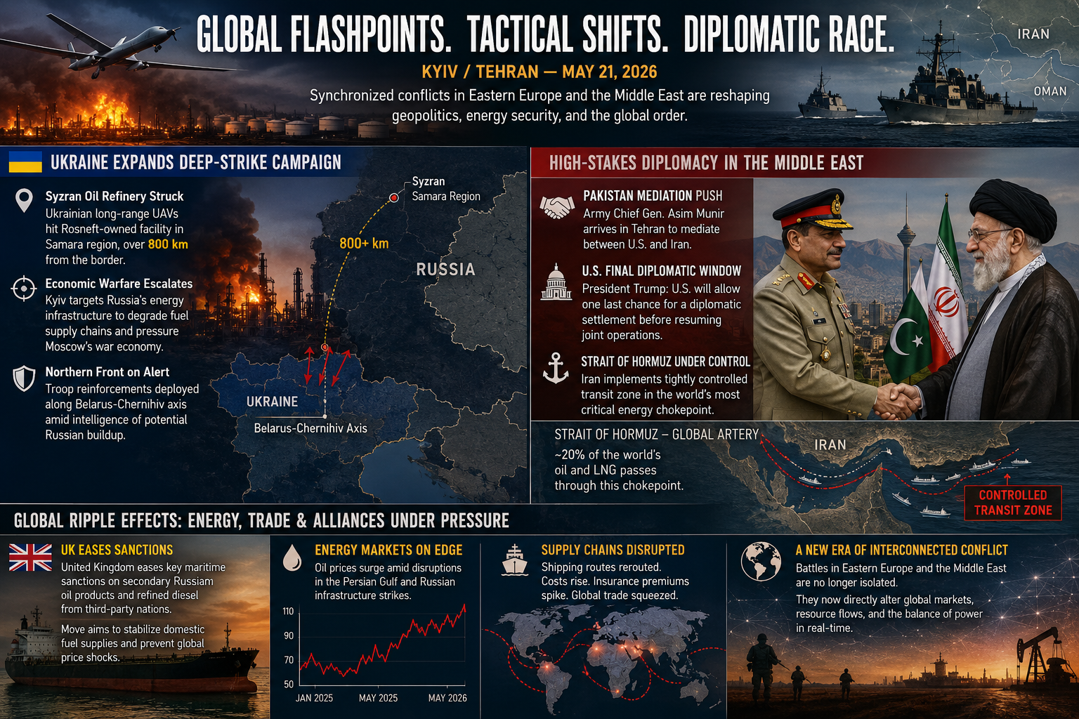 Russia-Ukraine war, Syzran refinery attack, drone warfare, Middle East conflict, U.S.-Iran diplomatic talks, regional security, global energy infrastructure, geopolitics 2026